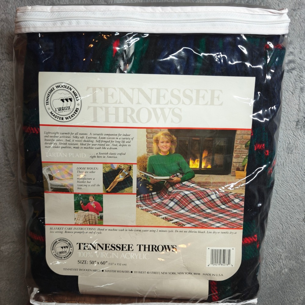 VTG Tennessee Woolen Mill Throw Blanket Unisex 50x60 Blue Green Tartan Plaid USA